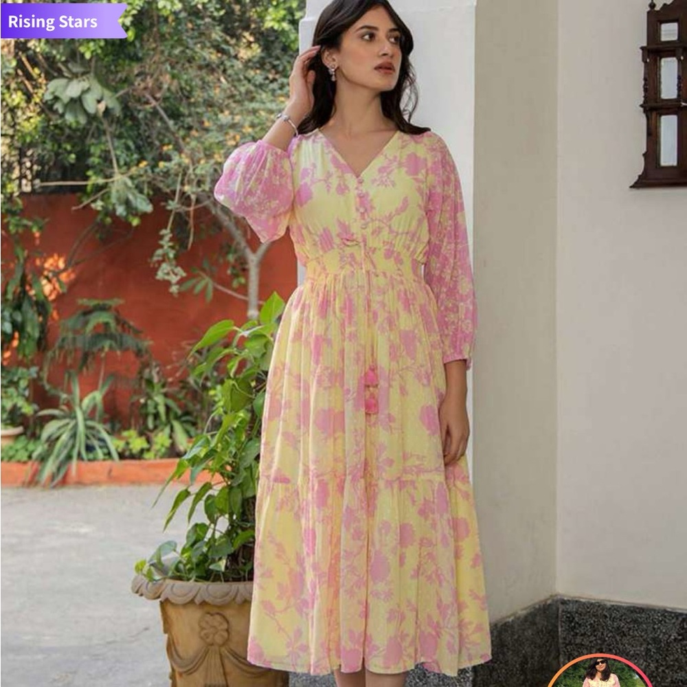 Pink and Yellow V-Neck dress with 3/4 Sleeves NWOT